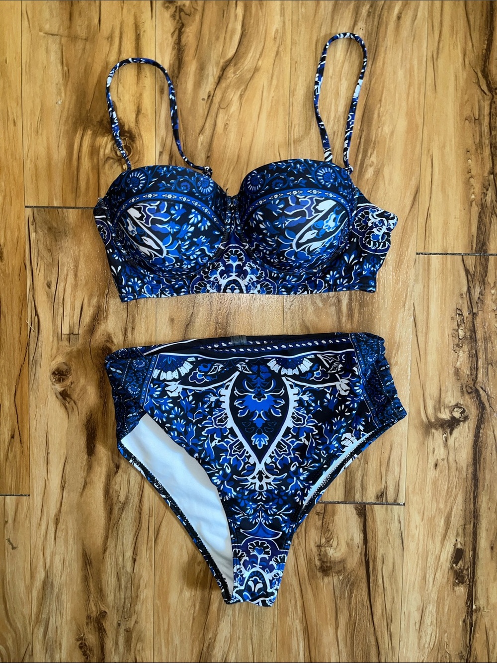 SHEIN Blue White Black Paisley High-Waist Bikini Set-never worn